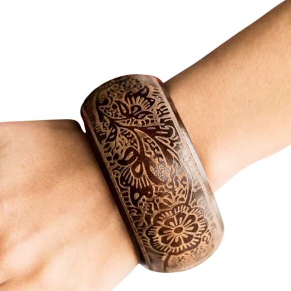 Paparazzi Beach Retreat Floral Wooden Wide Cuff Bangle Bracelet Brown New Boho - Picture 2 of 5